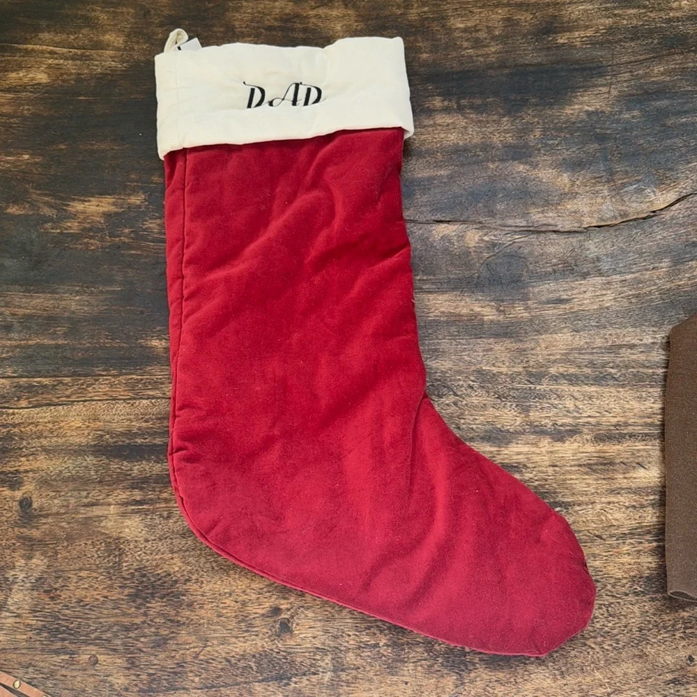Pottery Barn Red Velvet Christmas Stocking with DAD embroidered on it NWT